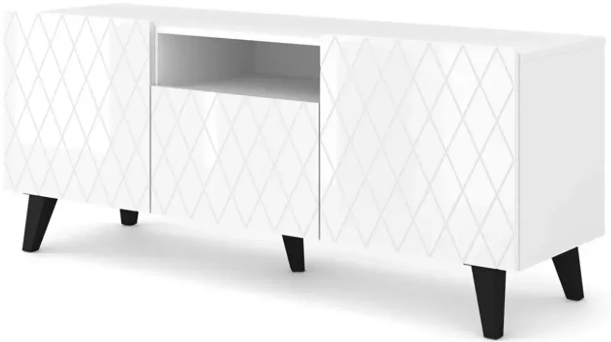 TV Stand DIUNA 3D 57'' Lowboard Milled MDF Fronts, White High Gloss