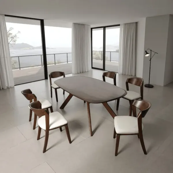Ziva 7pc Dining Table Set, 6 Ivory Chairs, 3D Edge Brown Solid Wood - Benzara
