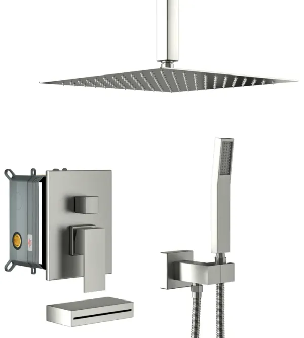 12" Rain Shower Head Systems With Waterfall Tub Spout, Brushed Nickel, Ceiling Mounted Shower