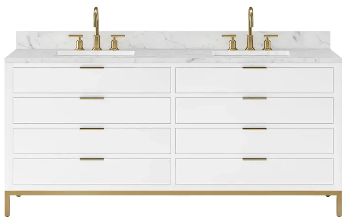 Bristol 72 In. Double Sink Carrara White Marble Countertop Bath Vanity in Pure White