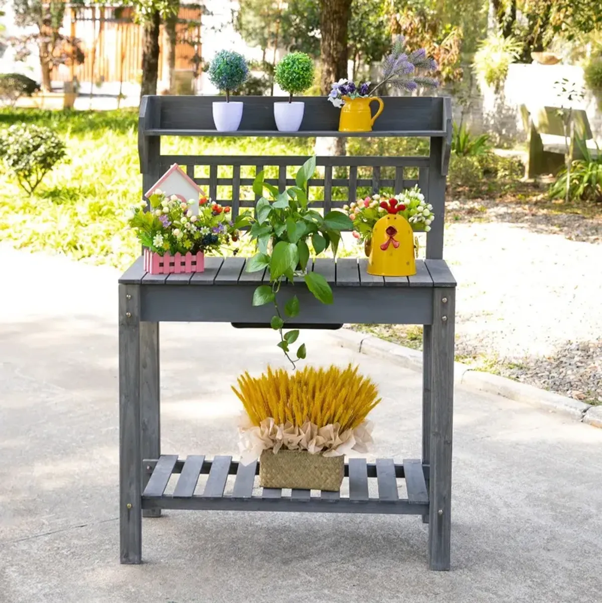 Gray Outdoor Workbench: Wooden Potting Station with Expandable Top