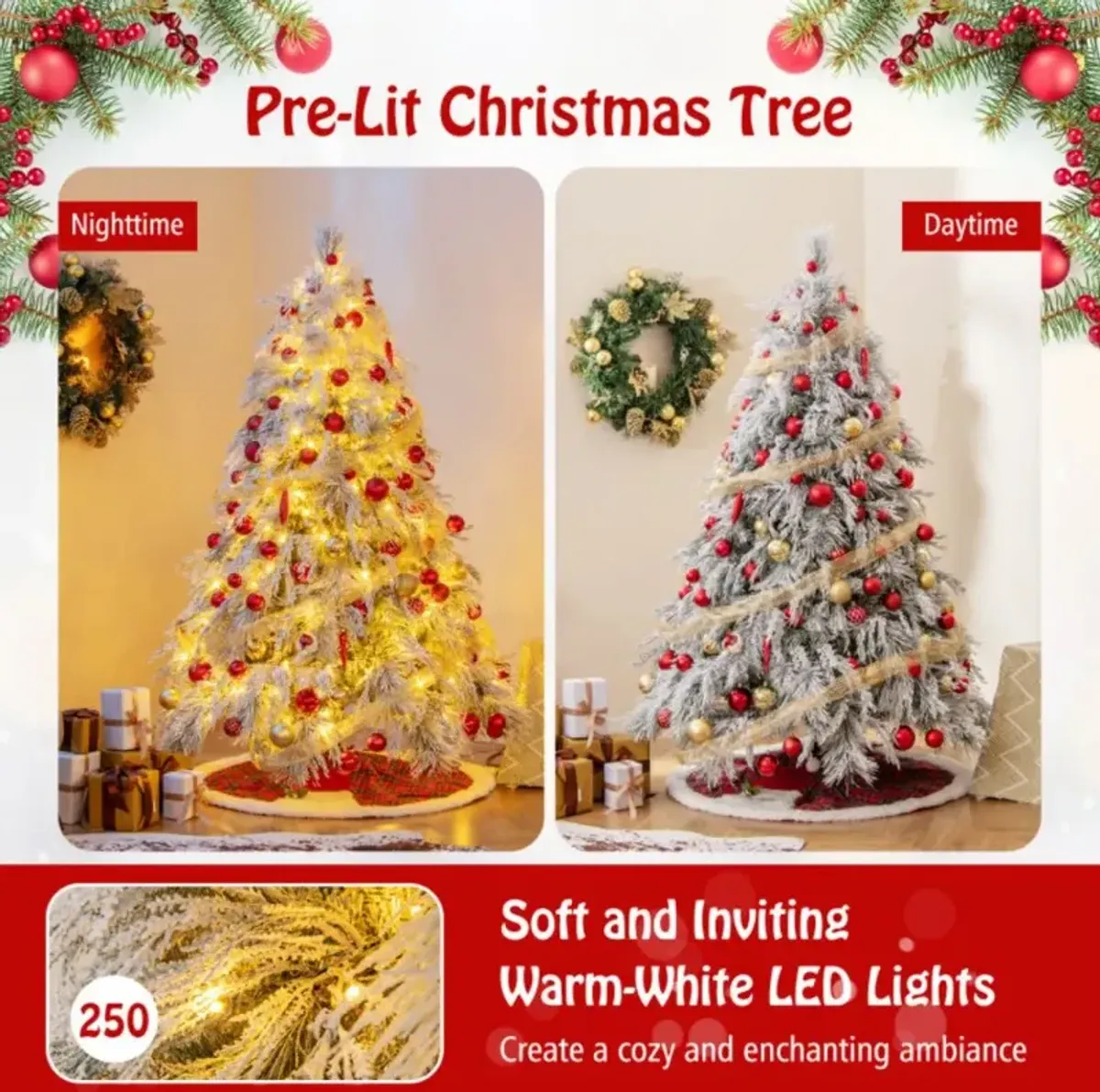 Pre-Lit Snow Flocked Christmas Tree with Warm White LED Lights