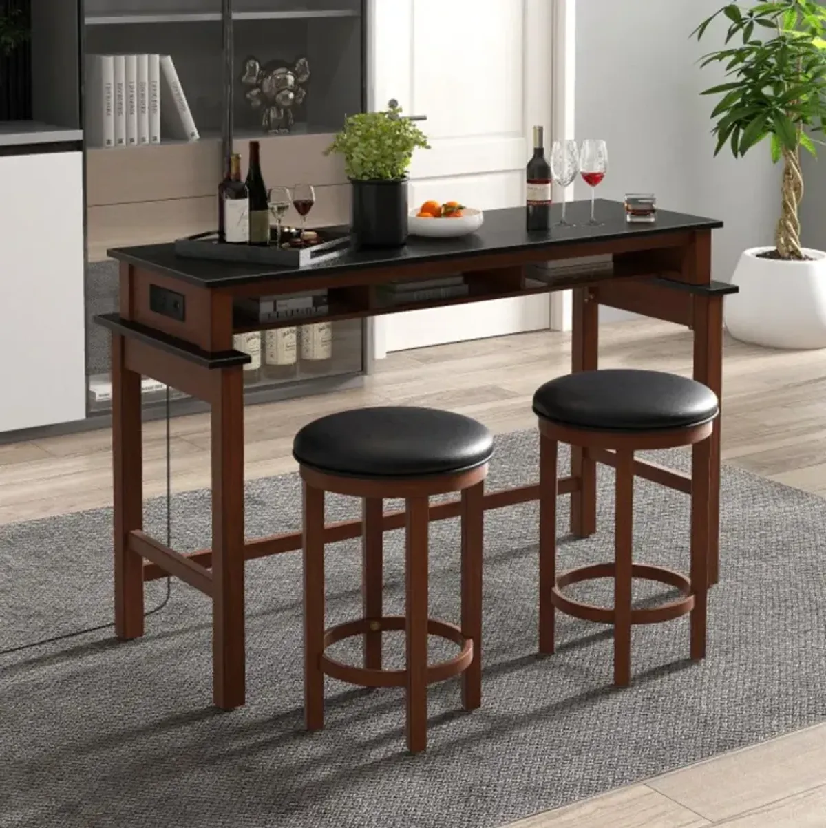 Hivvago 3-Piece Home Bar Set with 2 Upholstered Bar Stools, Outlets and USB Ports