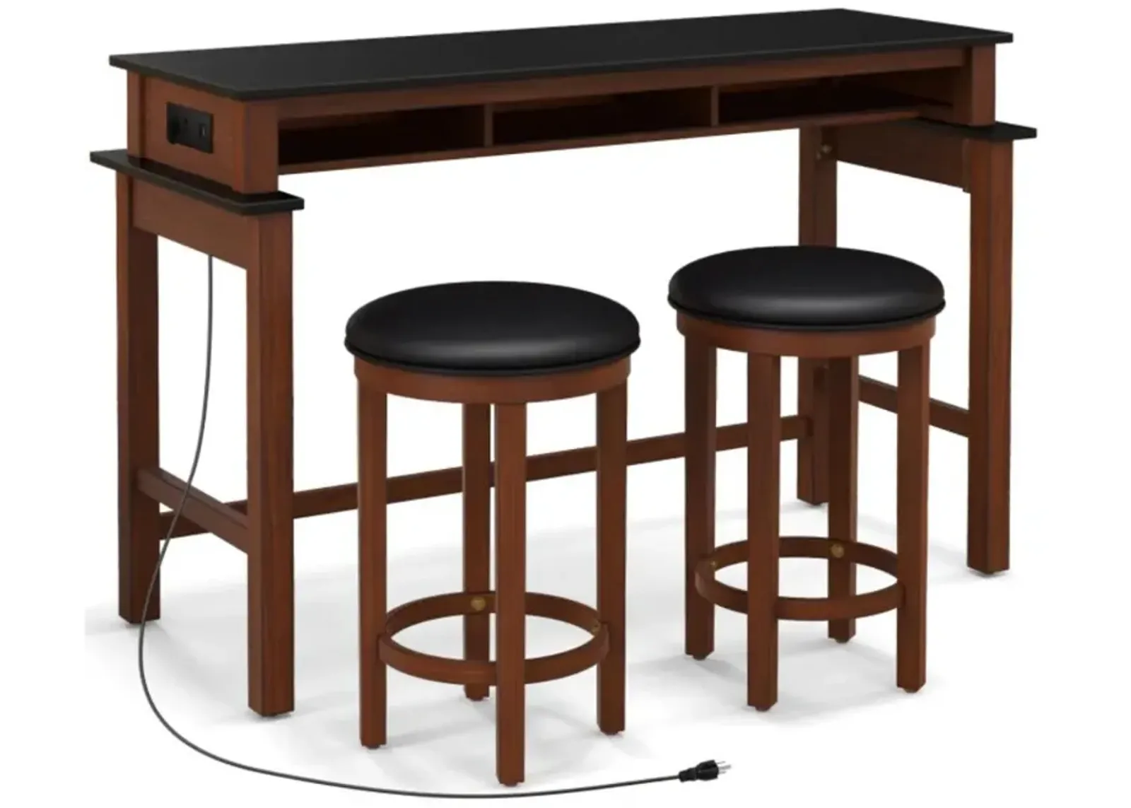 Hivvago 3-Piece Home Bar Set with 2 Upholstered Bar Stools, Outlets and USB Ports