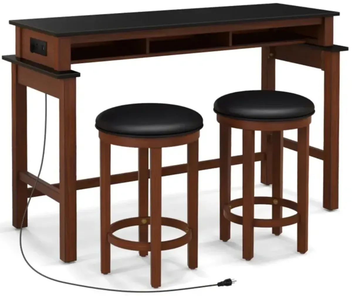 Hivvago 3-Piece Home Bar Set with 2 Upholstered Bar Stools, Outlets and USB Ports