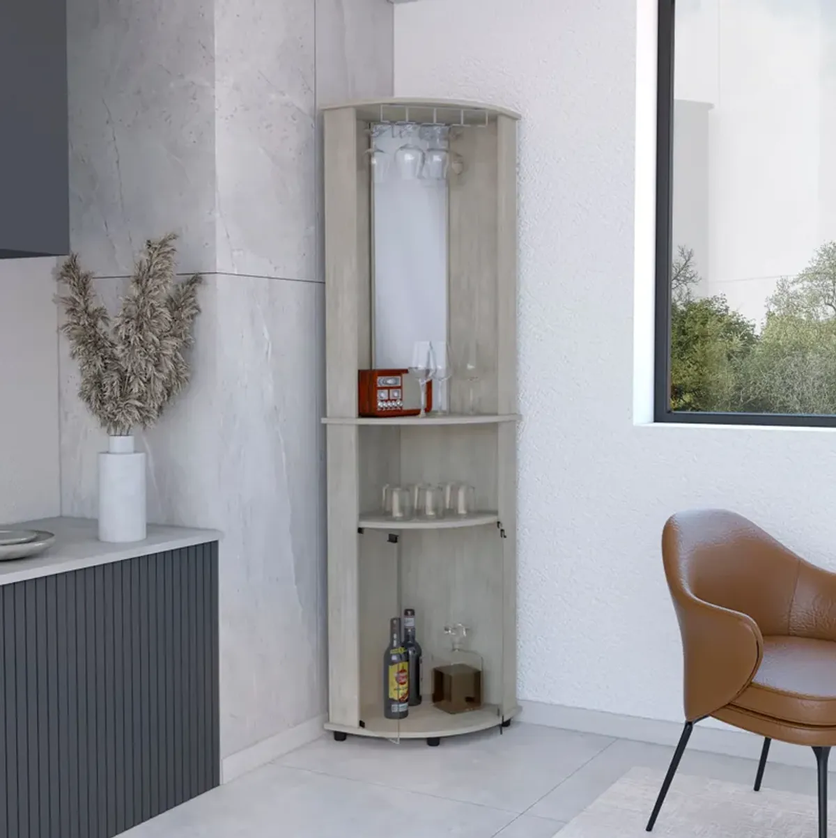 Chicago Corner Bar Cabinet, Rack, Glass Door -Concrete Gray