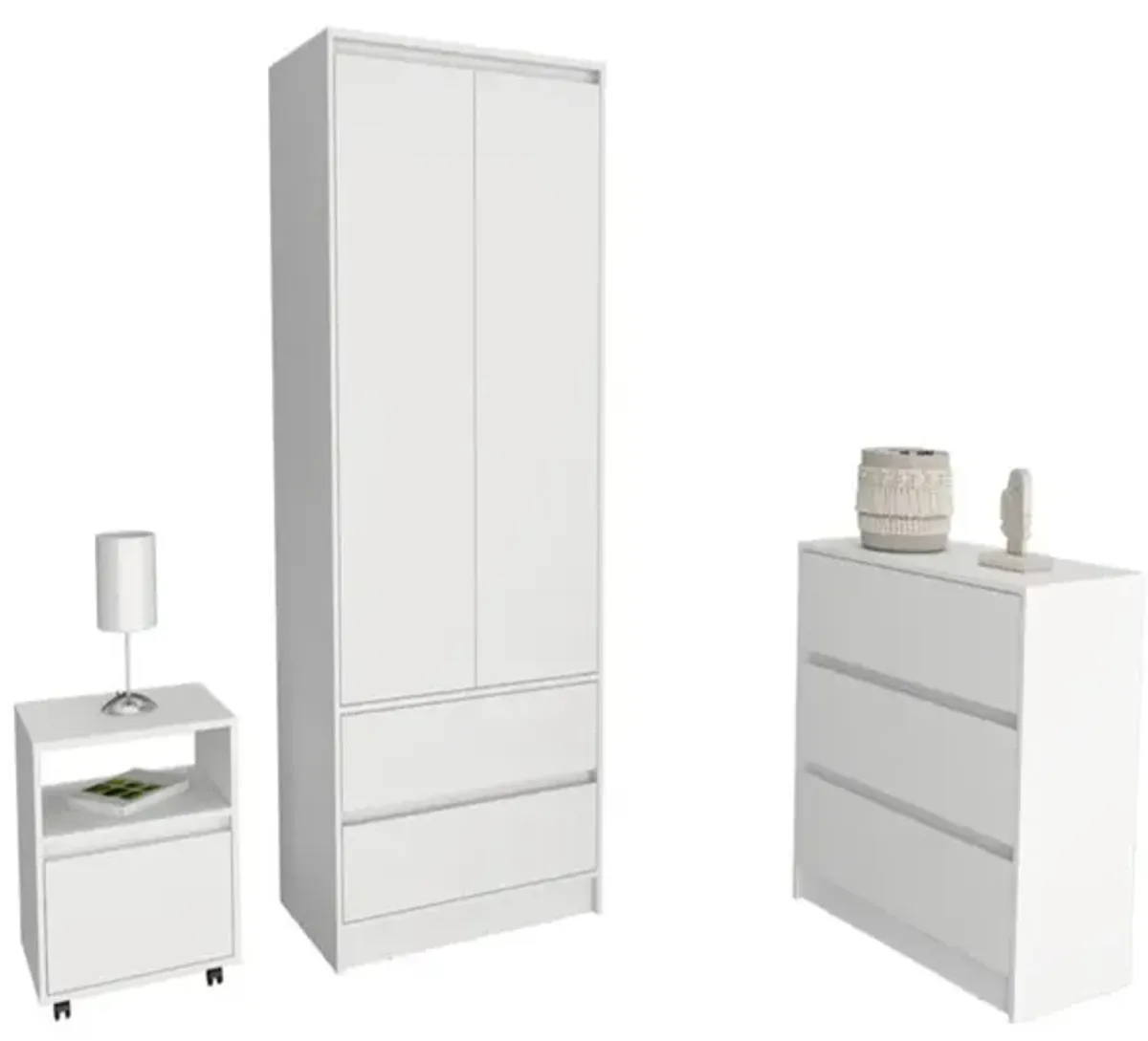 Beloit 3 Piece Bedroom Set, Nightstand + Dresser+ Armoire, White