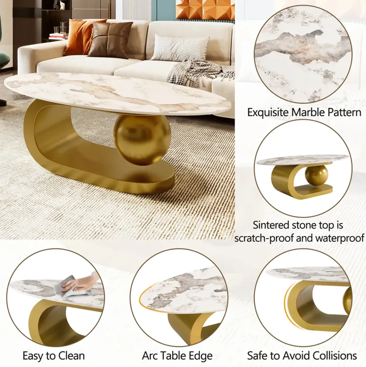 Merax Modern Oval Marble Pattern Coffee Table