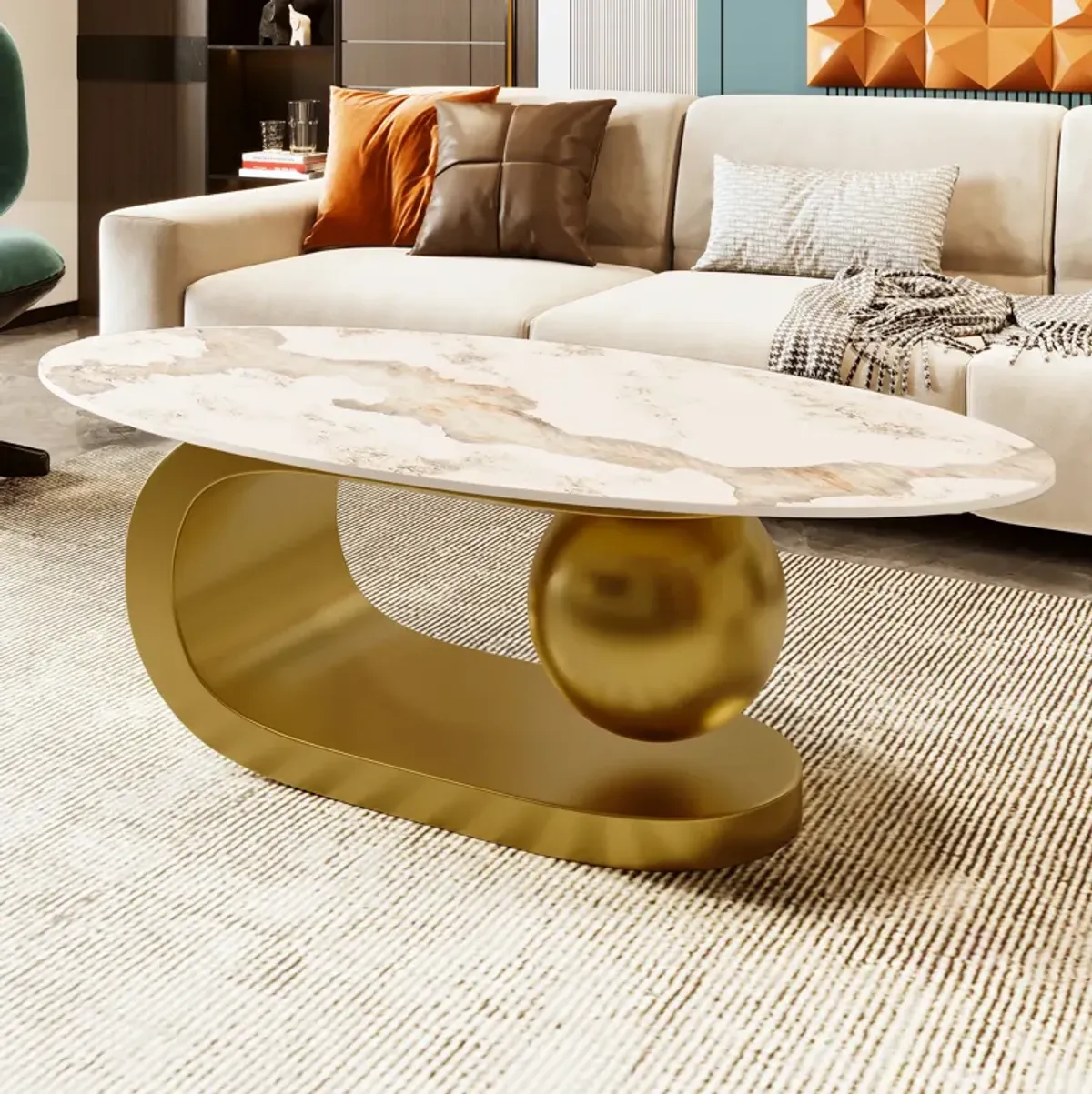 Merax Modern Oval Marble Pattern Coffee Table