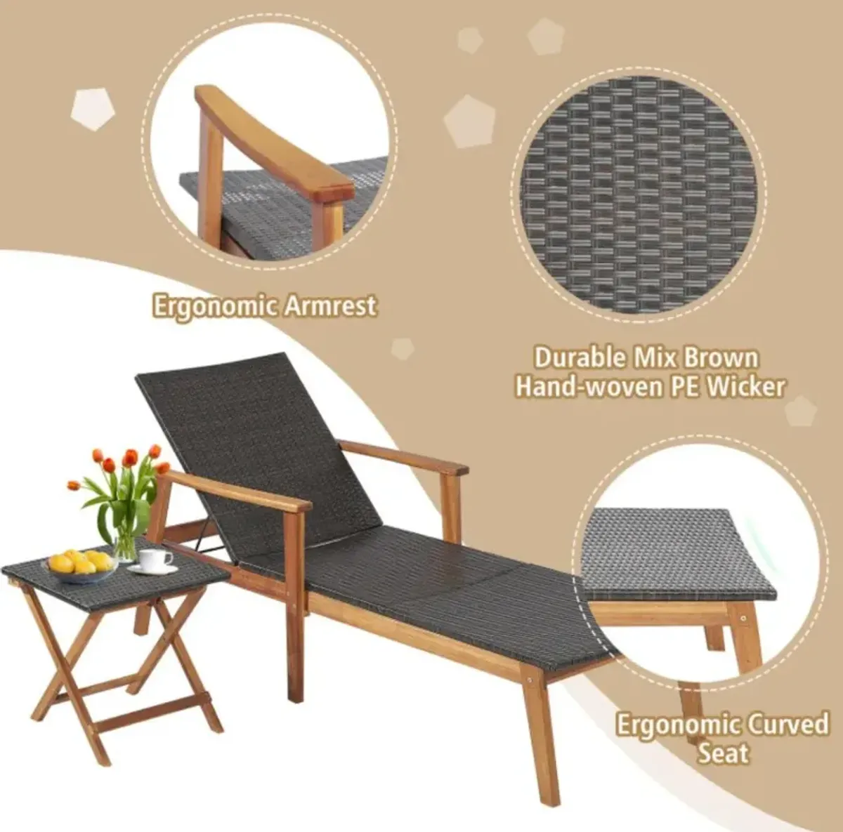 Hivvago 2 Pieces Patio Chaise Lounge and Table Set with 4-Level Adjustable Backrest