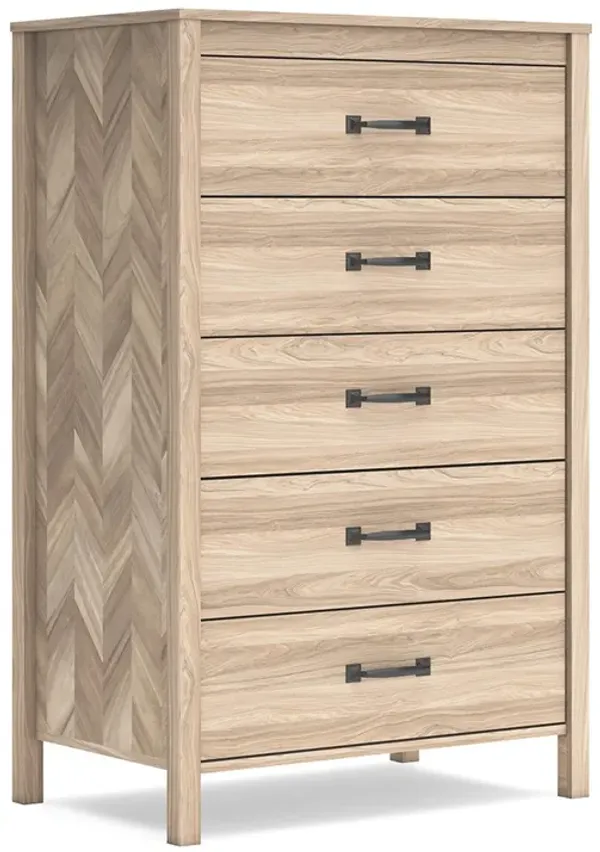 Bette Tall Dresser Chest, 5 Drawers, Light Oak Brown Finish, 60 Inch - Benzara