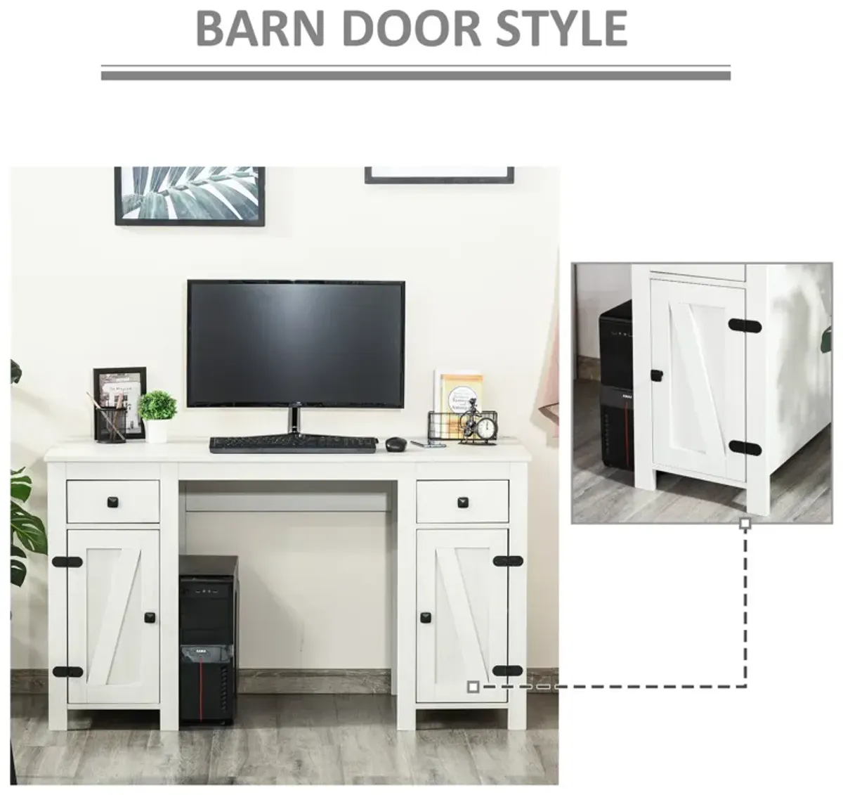 White Barn Door Desk: Home Office Writing Desk with Adjustable Shelf