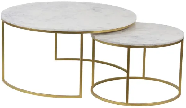 2 Piece Nesting Coffee Table, White Round Marble Stone Top, Gold Metal Base - Benzara