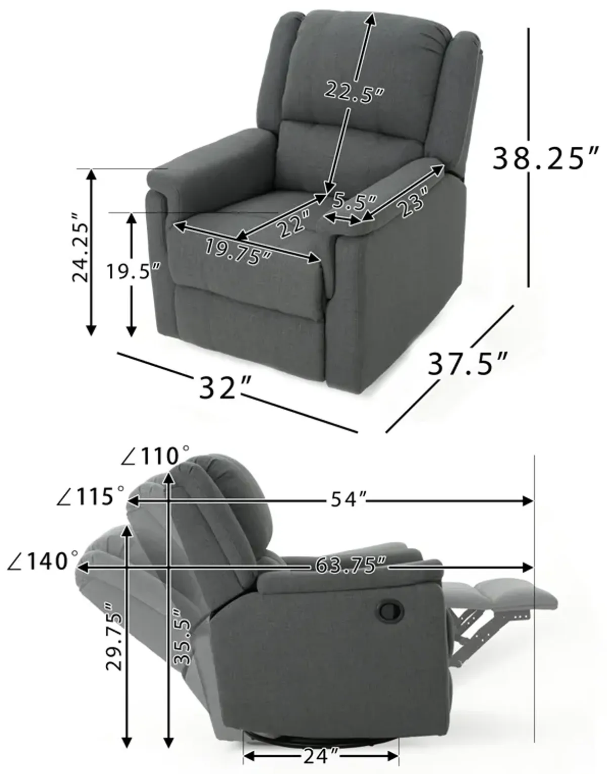 Zune Manual Glider Recliner Chair, Swivel Ergonomic Design, Charcoal Gray - Benzara