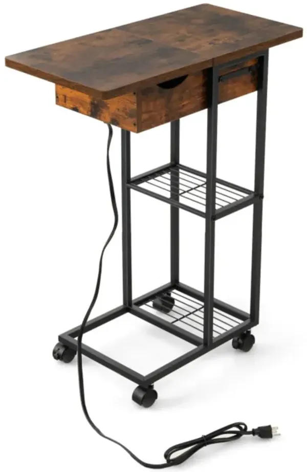 C-Shaped End Side Table with Charging Station and Wheels