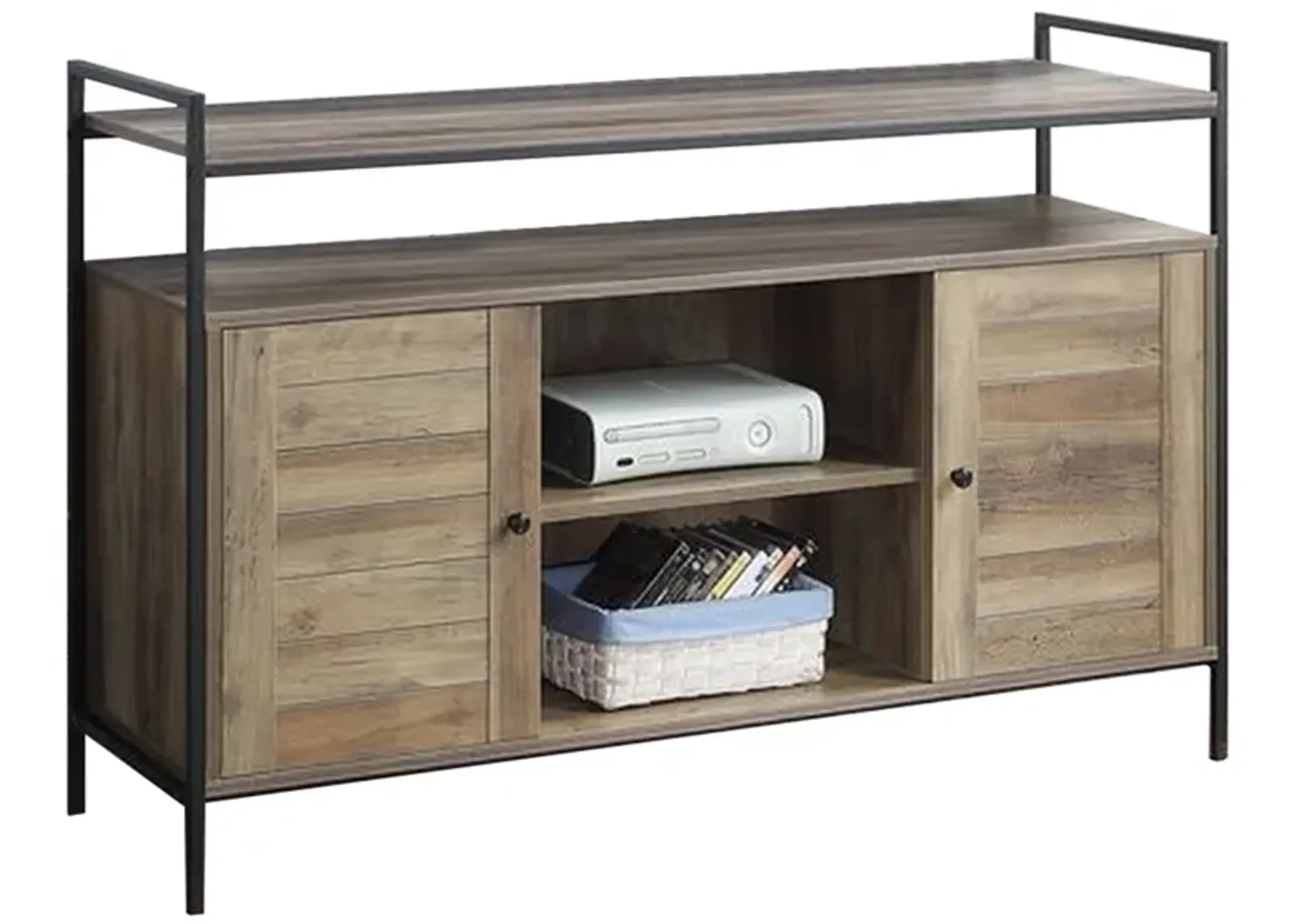 TV Stand with 2 Door Storage and Plank Details, Rustic Brown-Benzara