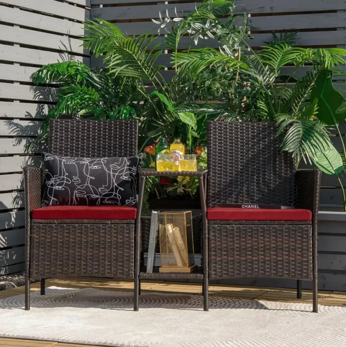 Hivvago Rattan Patio Conversation Set Cushioned with Glass Table