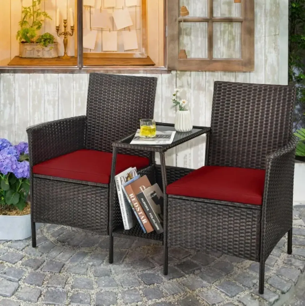 Hivvago Rattan Patio Conversation Set Cushioned with Glass Table