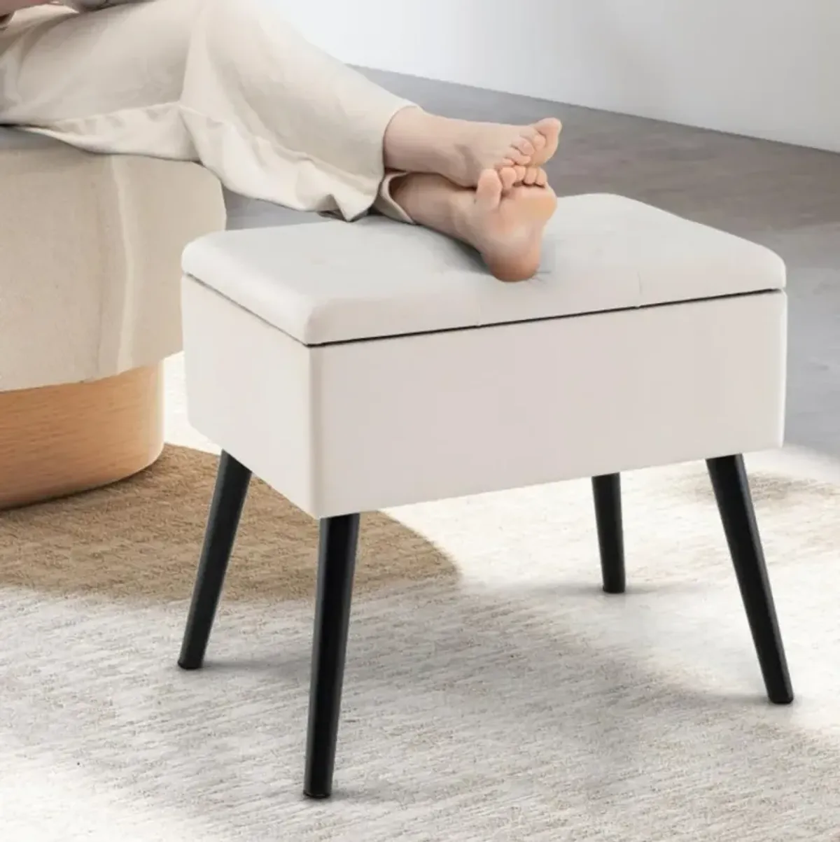 Velvet Storage Ottoman with Solid Wood Legs for Living Room Bedroom