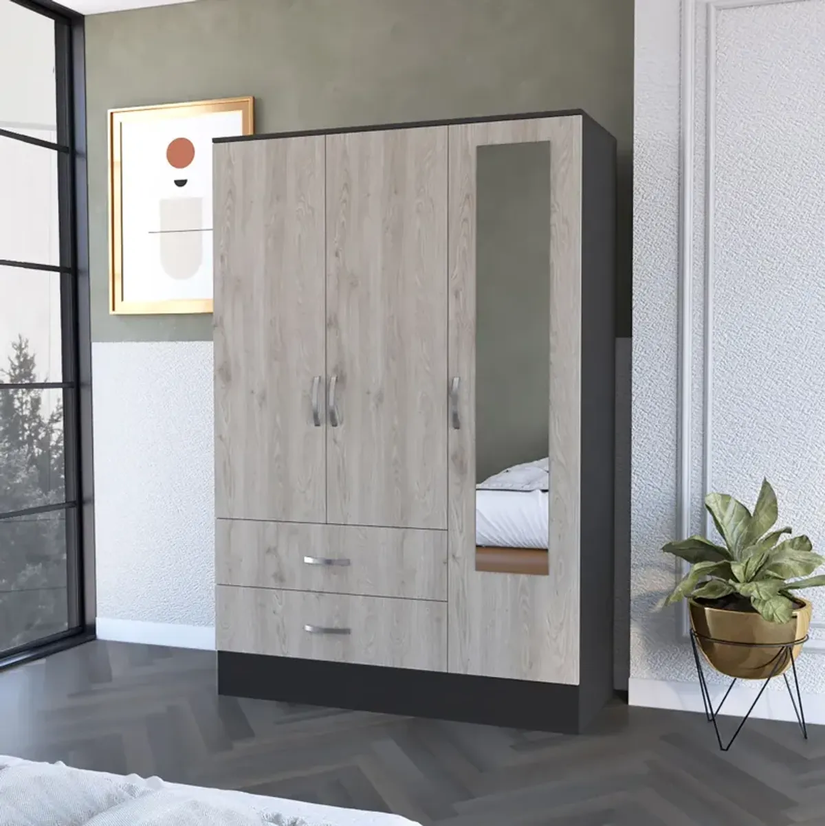 Black Rock 2-Drawer Small Armoire With Mirror Door Black Wengue And Light Gray