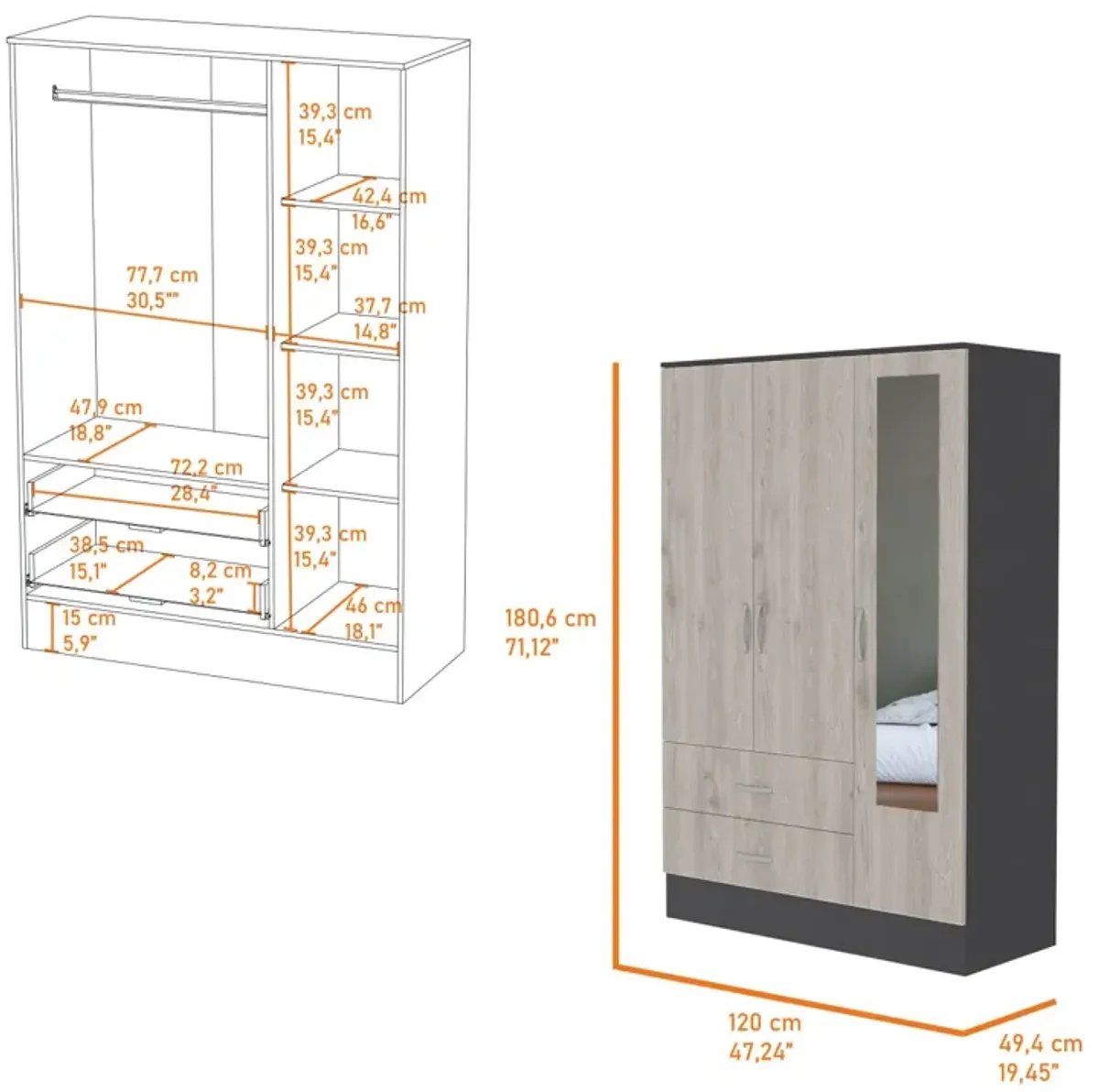 Black Rock 2-Drawer Small Armoire With Mirror Door Black Wengue And Light Gray