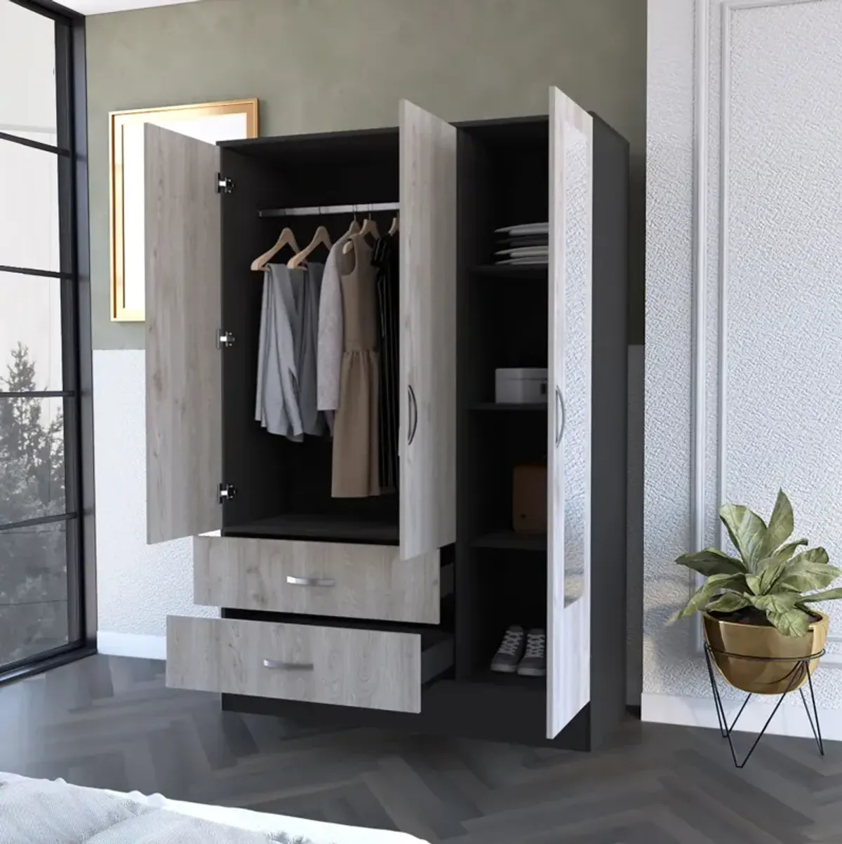 Black Rock 2-Drawer Small Armoire With Mirror Door Black Wengue And Light Gray