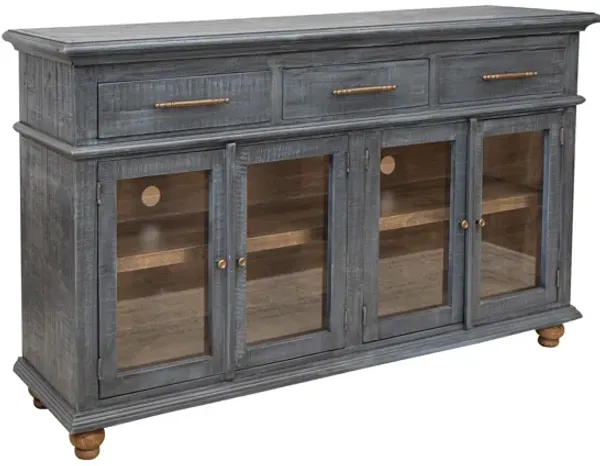 71 Inch Sideboard Console Table, 3 Drawers, 4 Glass Doors, Pine Wood, Blue