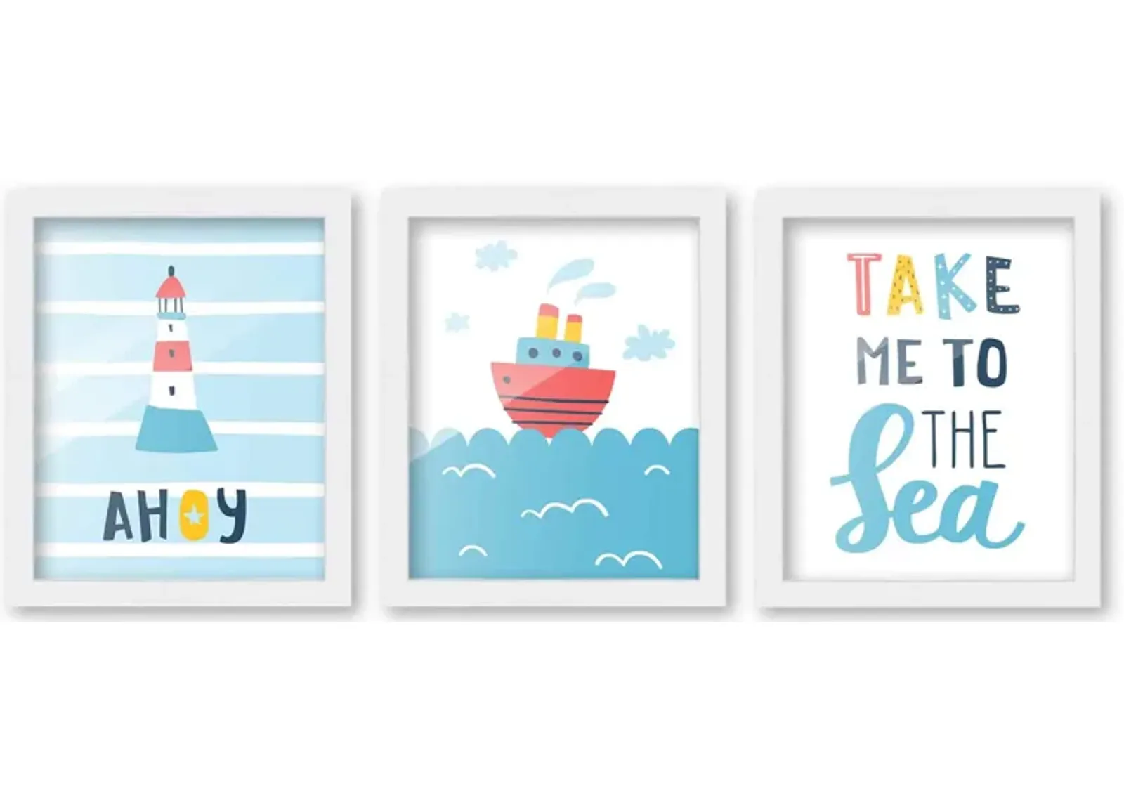 8x10 Framed Nursery Wall Art Set of 3 Hand Drawn Nautical Prints in White Wood Frames