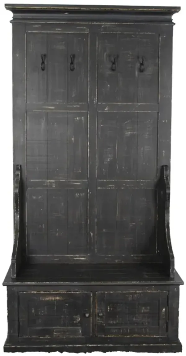 Mary Accent Hall Tree Coat Rack with Bench, 4 Hooks, Farmhouse Black - Benzara