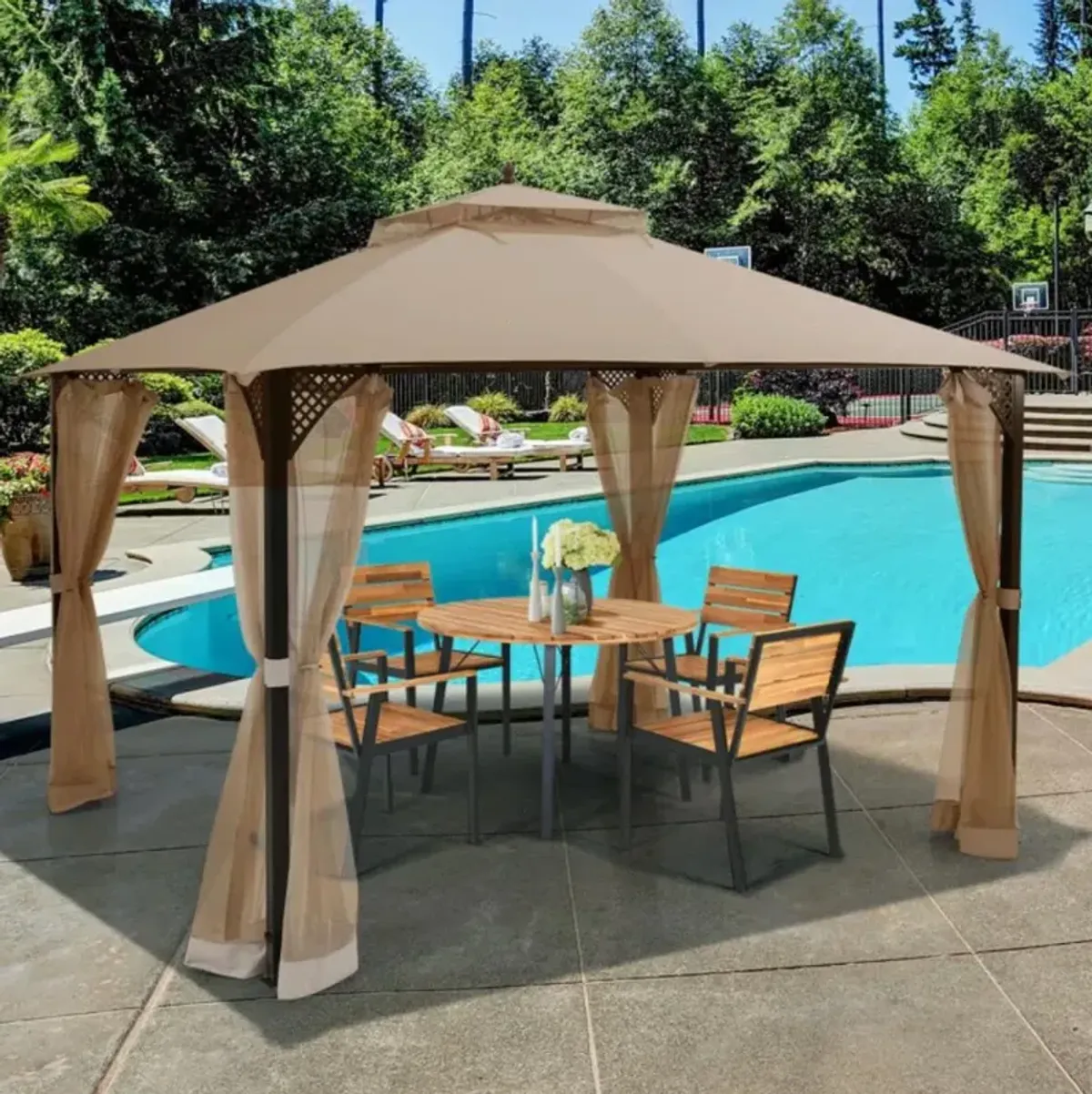 Hivvago 12 x 10 Feet Outdoor Double Top Patio Gazebo with Netting