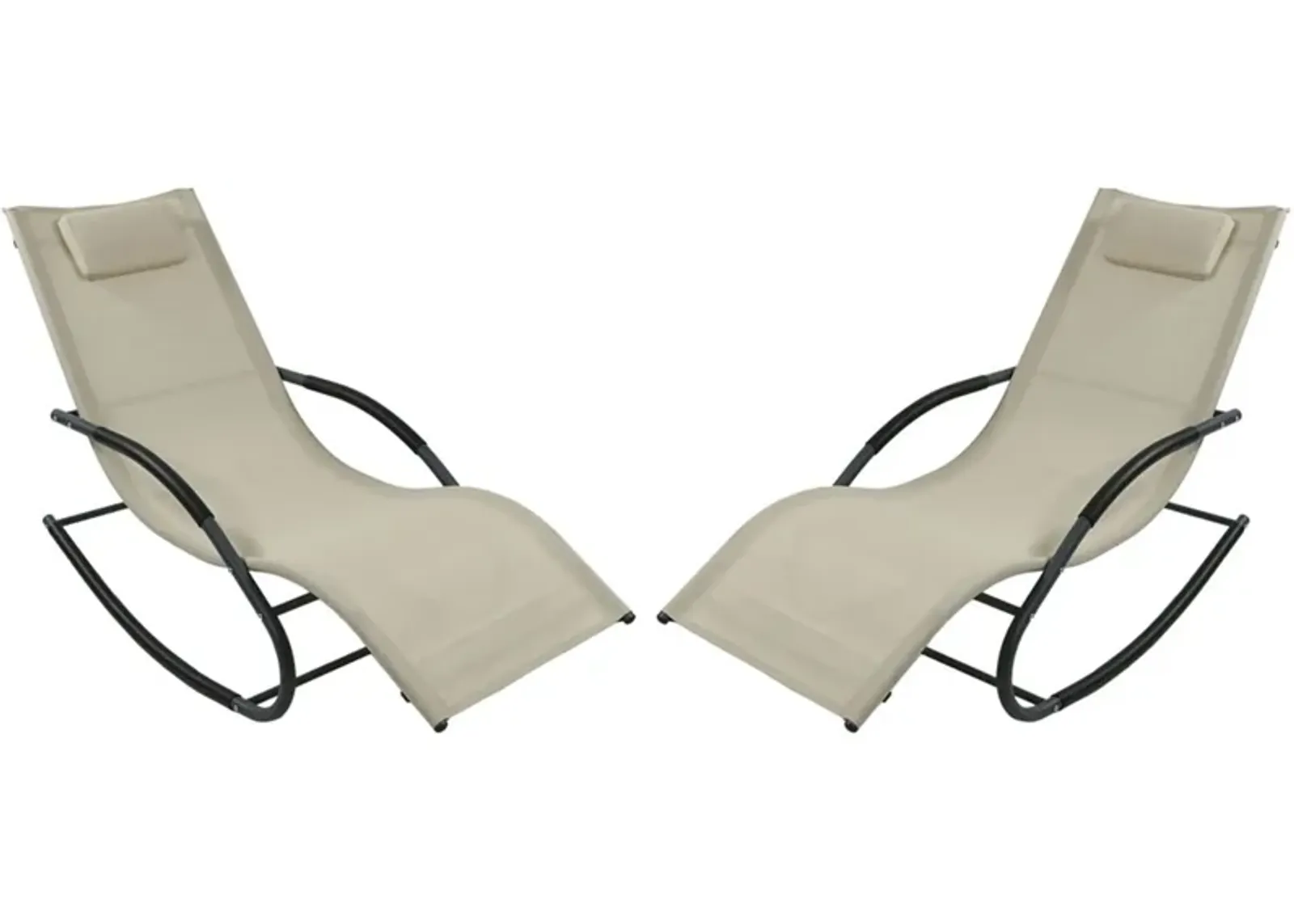 Sunnydaze Sling Outdoor Rocking Wave Lounger with Pillow - Beige - Set of 2