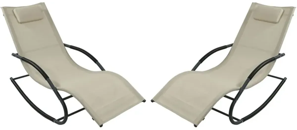 Sunnydaze Sling Outdoor Rocking Wave Lounger with Pillow - Beige - Set of 2