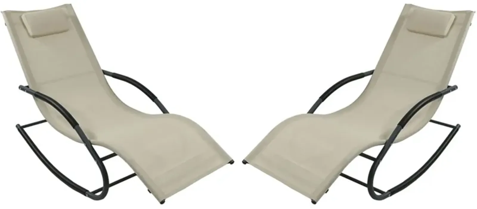 Sunnydaze Sling Outdoor Rocking Wave Lounger with Pillow - Beige - Set of 2