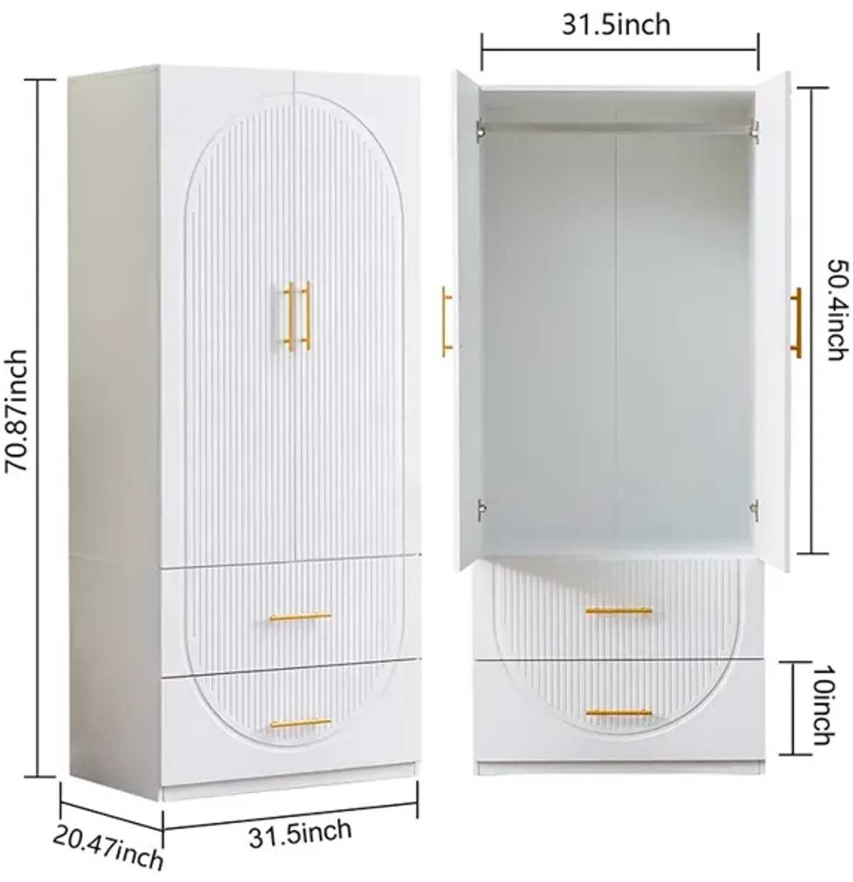 Wood Closet Organizer System: Walk-in Closet System Free Standing Closet with 2 Drawers with Shelves Hanging Rod Built-in Clothes Storage Organization White 31.5"W x 15.7"D x 70.8"H