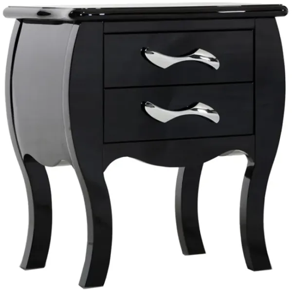 Nial 24 Inch Nightstand, 2 Drawers, Smooth Black Lacquer Wood Finish, Steel - Benzara