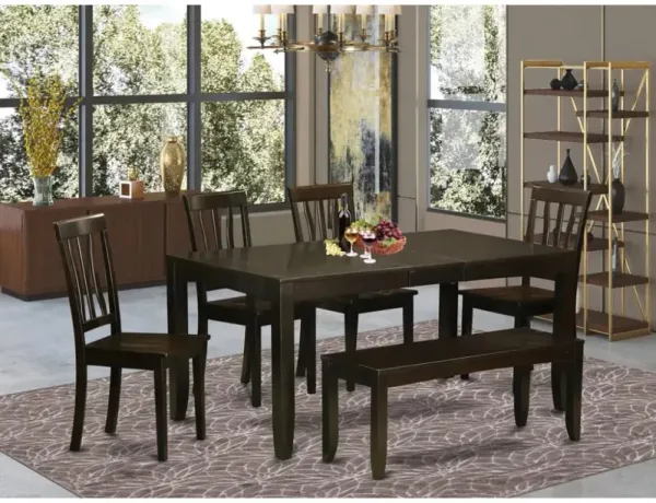 6 Pc Kitchen Table with bench-Table with Leaf and 4 Dining Chairs and Bench