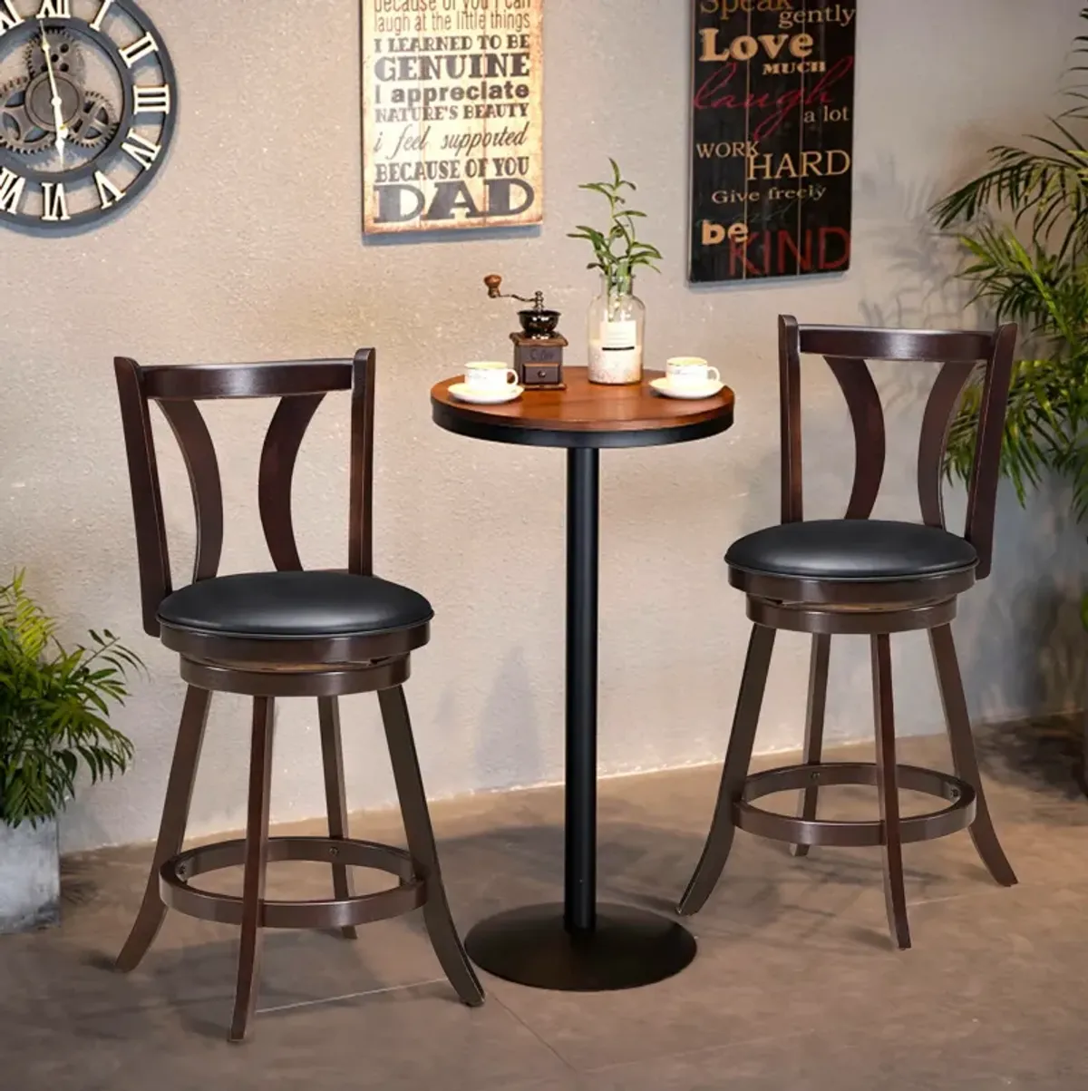 Set of 2 Swivel Bar Stools 29.5 Inch Bar Height Chairs with Rubber Wood Legs