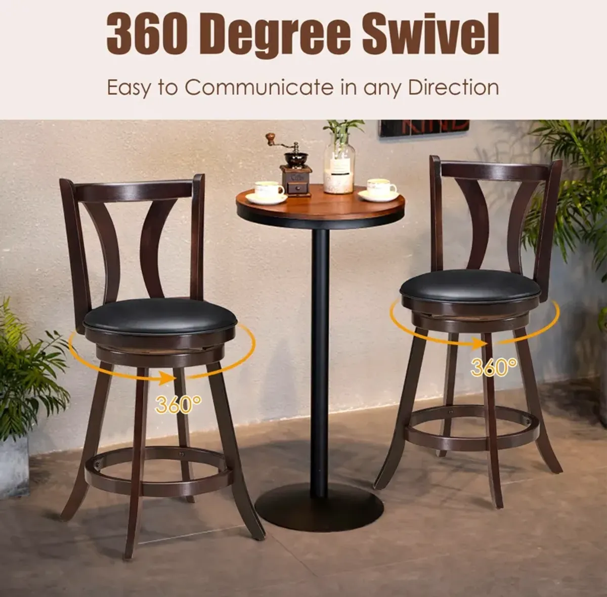 Set of 2 Swivel Bar Stools 29.5 Inch Bar Height Chairs with Rubber Wood Legs