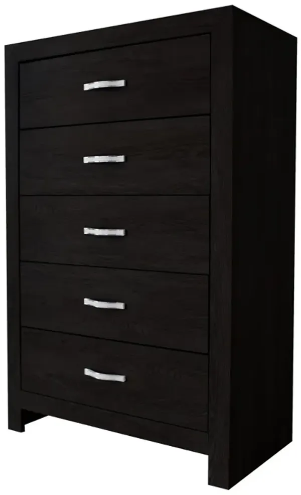 Ancy 48 Inch Tall 5 Drawer Dresser Chest, Faux Diamond Inlay Handles, Black-Benzara