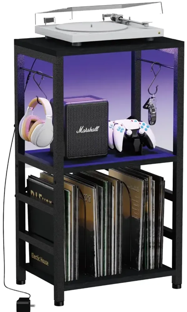 YAKANJ End Table with LED Light,Record Player Stand with Albums Storage,Vinyl Records Storage,Turntable Stand Side Table for Mus