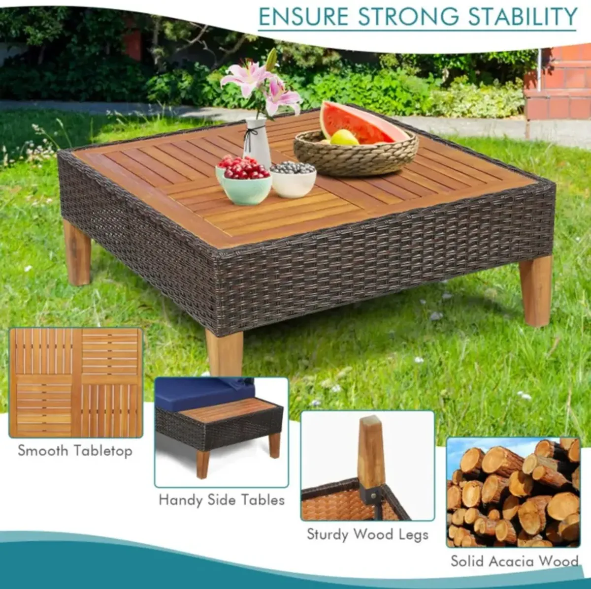 Hivvago 4 Pieces Patio Cushioned Rattan Furniture Set with Wooden Side Table