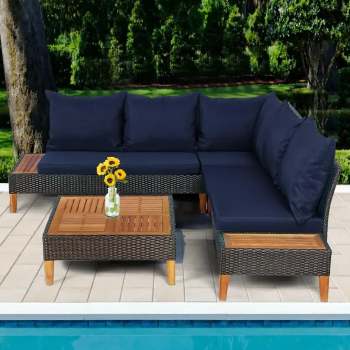 Hivvago 4 Pieces Patio Cushioned Rattan Furniture Set with Wooden Side Table