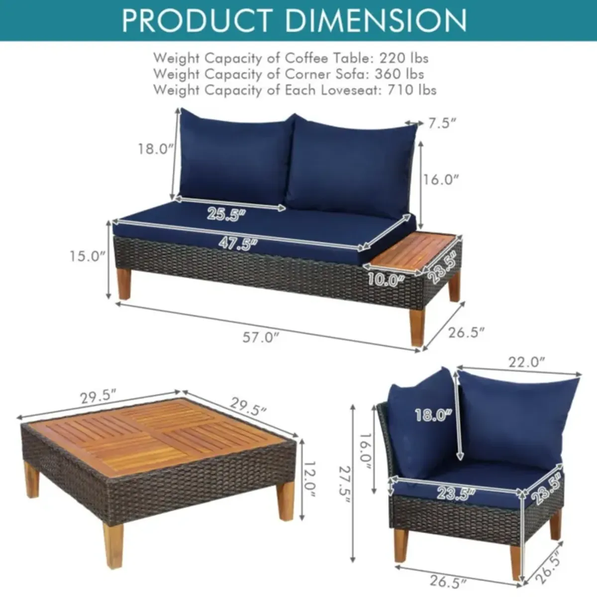 Hivvago 4 Pieces Patio Cushioned Rattan Furniture Set with Wooden Side Table