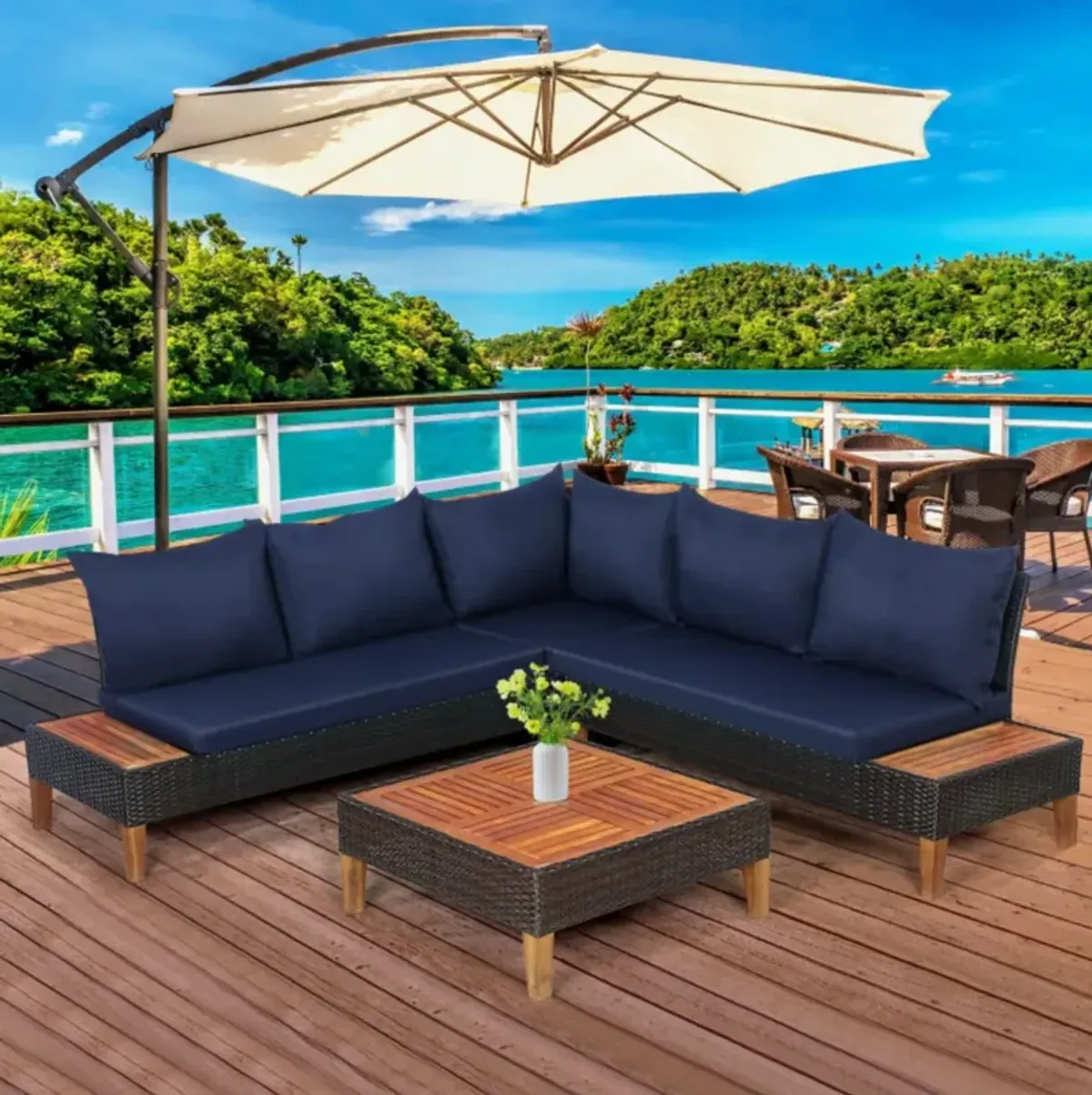 Hivvago 4 Pieces Patio Cushioned Rattan Furniture Set with Wooden Side Table