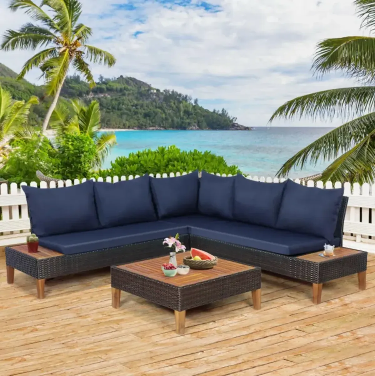 Hivvago 4 Pieces Patio Cushioned Rattan Furniture Set with Wooden Side Table