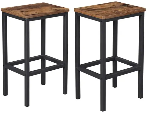 25.6 Inches Bar Stool with Wooden Seat, Set of 2, Brown and Black - Benzara