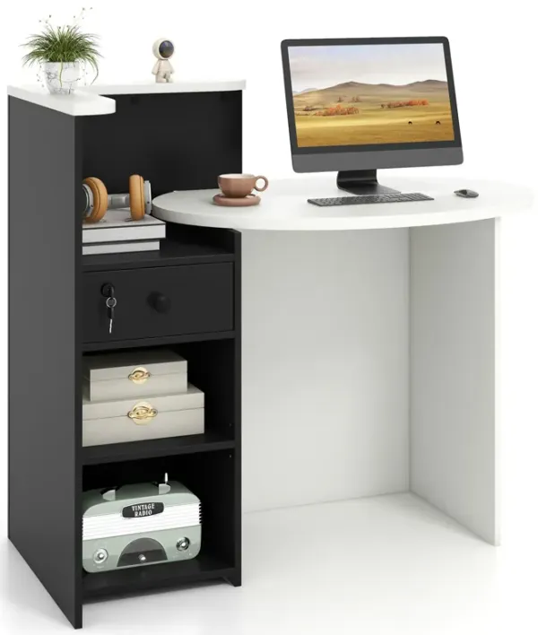 Reception Station Desk with Open Shelf – Office Front Desk with Secure Drawer