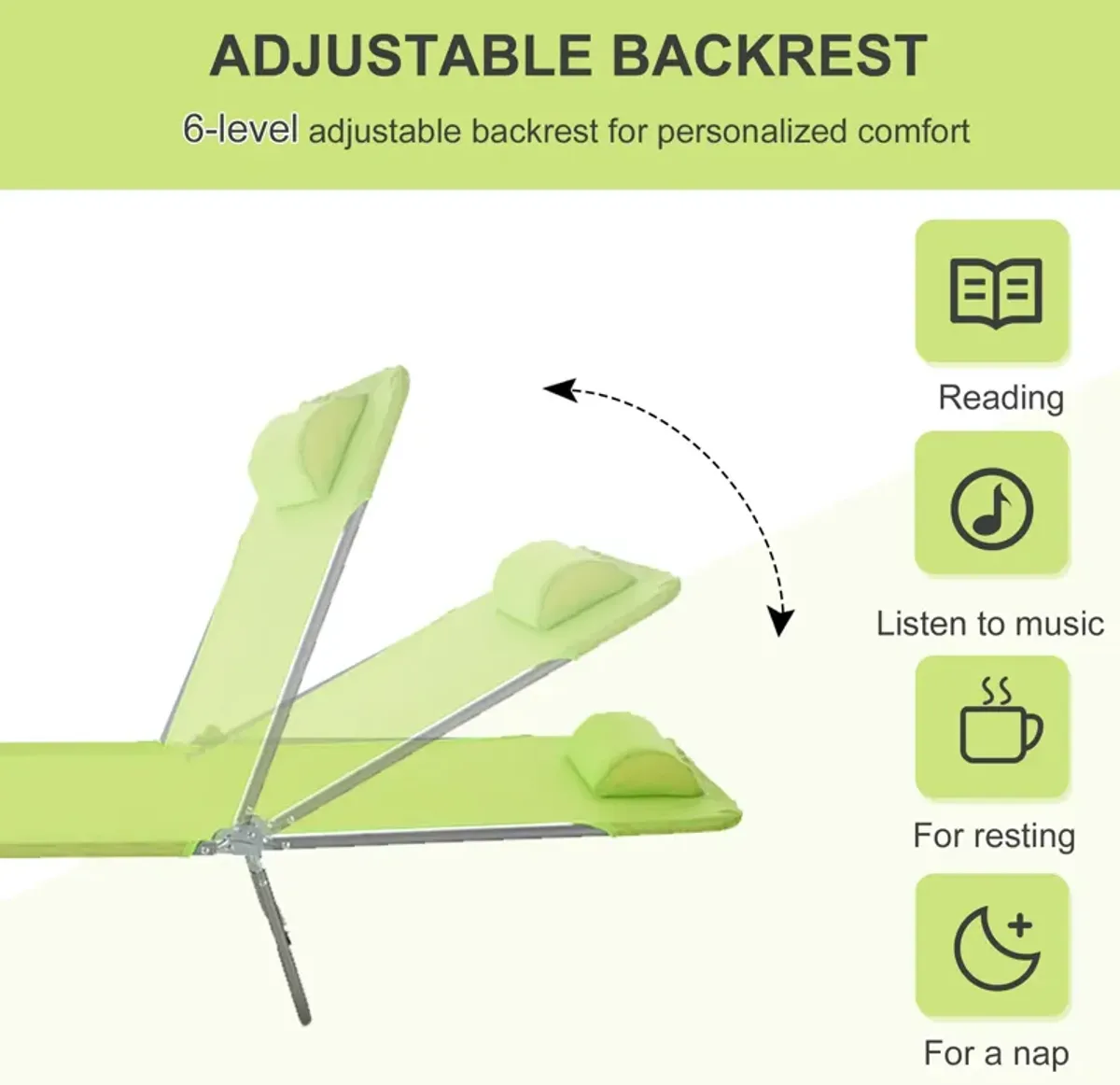 Portable Green Recliner: 6-Level Adjustable Folding Chaise with Pillow