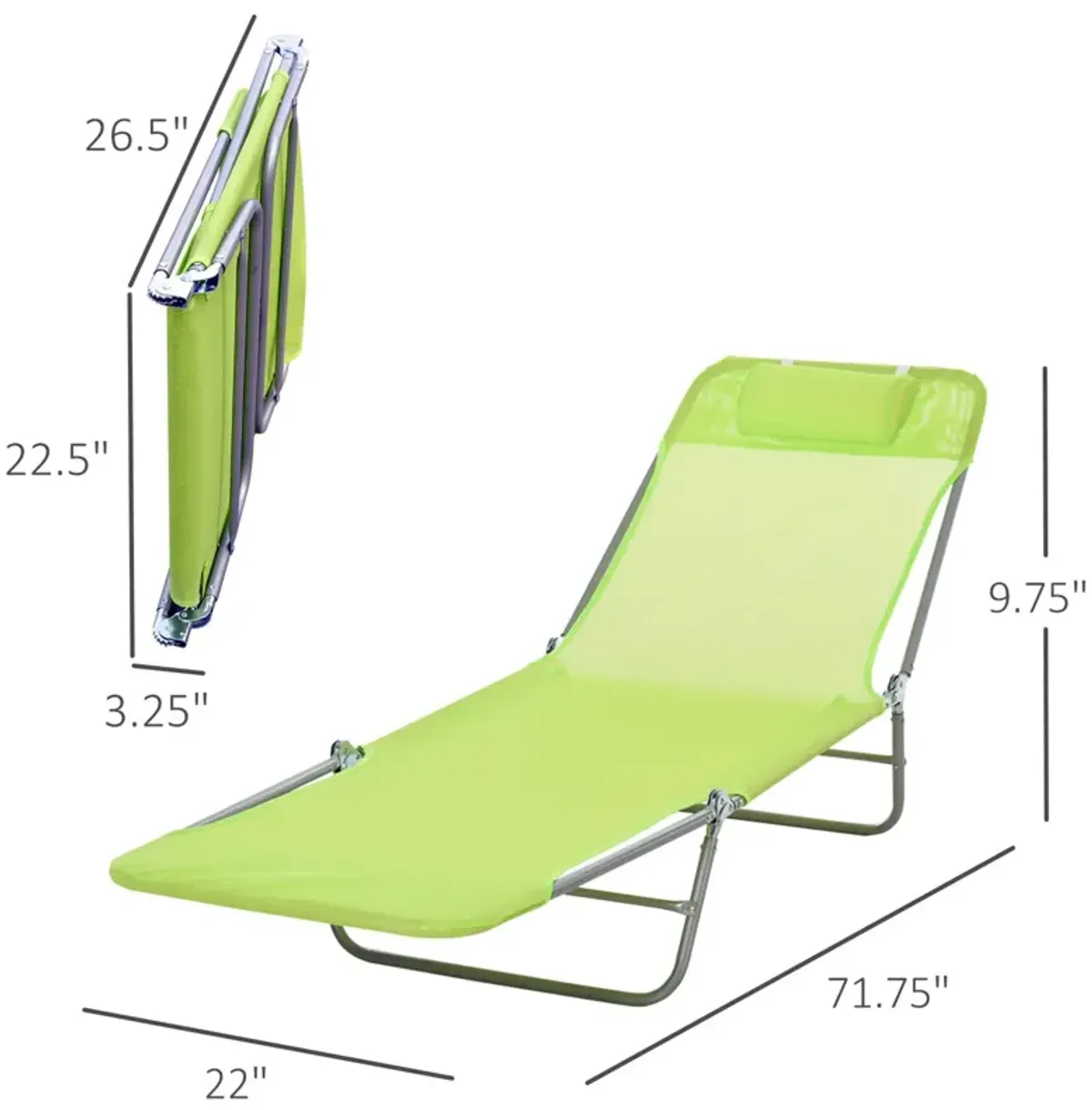 Portable Green Recliner: 6-Level Adjustable Folding Chaise with Pillow