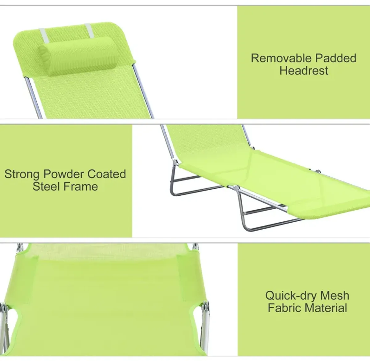 Portable Green Recliner: 6-Level Adjustable Folding Chaise with Pillow